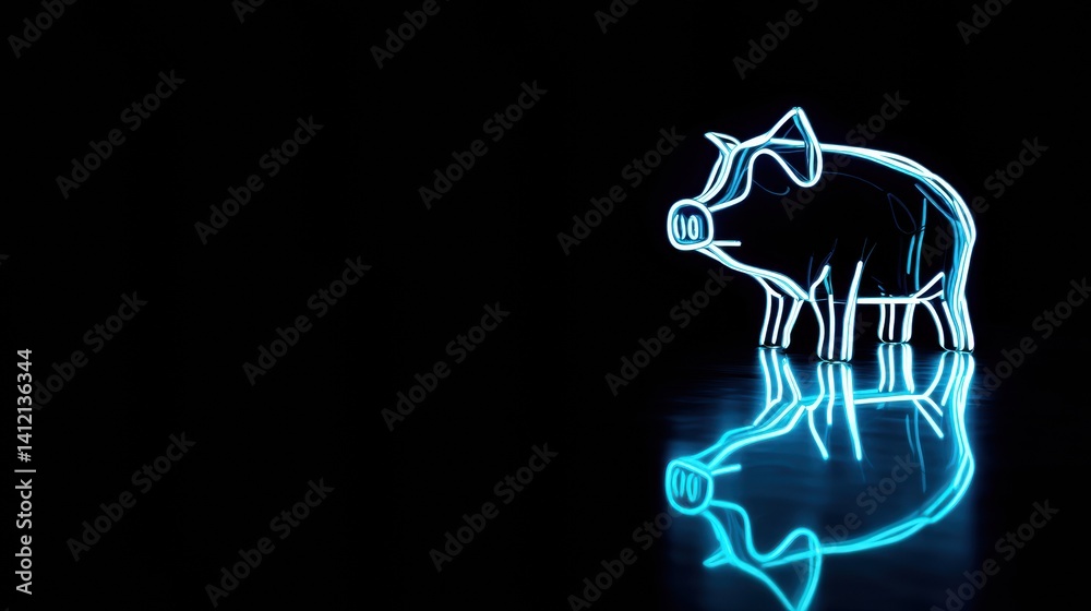 Fototapeta premium Illuminated neon blue piggy bank silhouette on black background