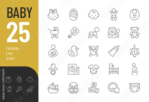 Baby Line Editable Icons set. Vector illustration in modern thin line style of children care related icons: toys, accessories, clothes for babies, and more. Isolated on white background.