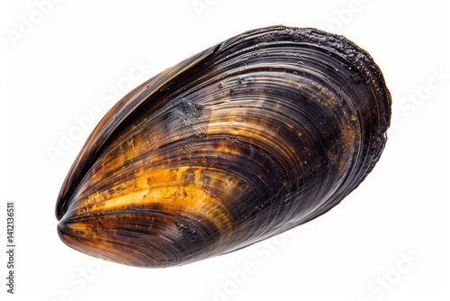 A close-up view of a beautifully detailed mollusk shell resting on a smooth surface isolated on transparent background