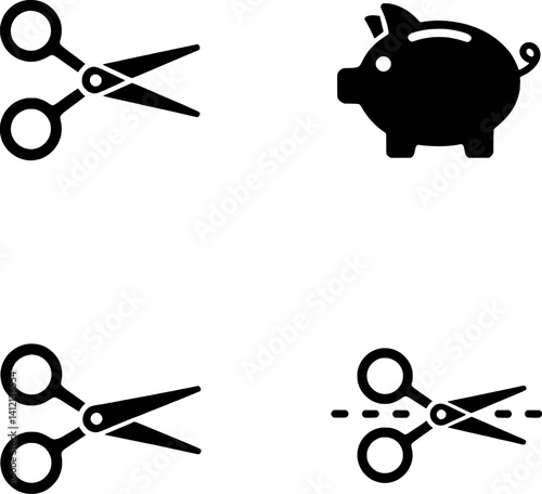 Scissors And Piggy Bank Icons Representing Cutting Costs And Saving Money