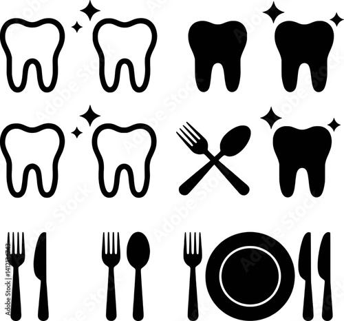 Dental Hygiene And Healthy Eating Concepts Black And White Vector Illustration