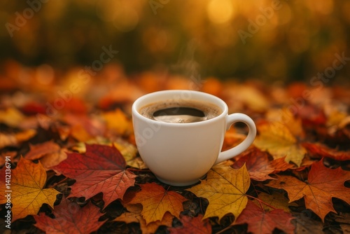 Hot Coffee Cup Resting on Vibrant Autumn Leaves in a Sunny Park Setting