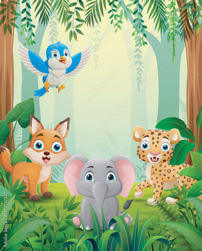 Obraz premium Happy cartoon animals in a lush forest