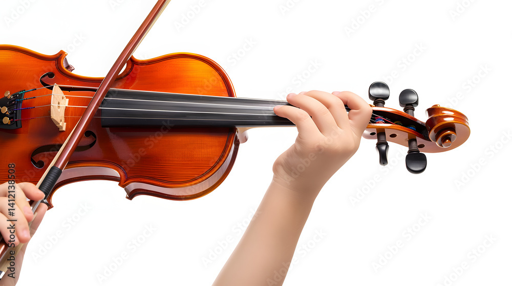 Professional photo of children's hands holding a violin and bow, isolated on white background Professional photo of children's hands holding a violin and bow, isolated on white background