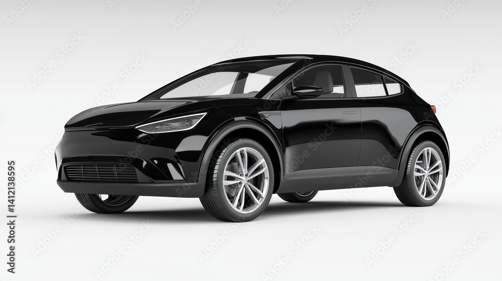 A compact black electric car mockup with a modern and clean design, viewed at a front-side angle. A compact black electric car mockup with a modern and clean design, viewed at a front-side angle.