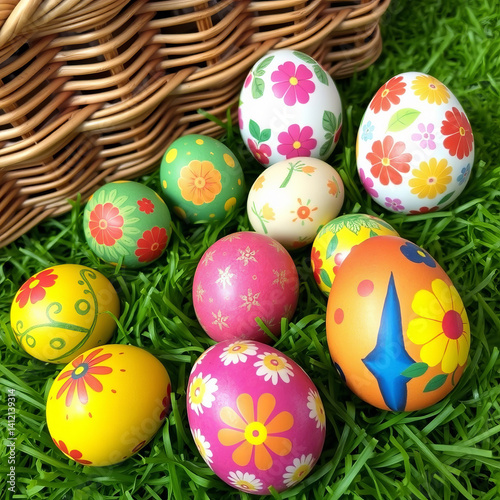 Colorful decorated eggs arranged on green grass near a wicker basket with fairy lights during a festive spring celebration