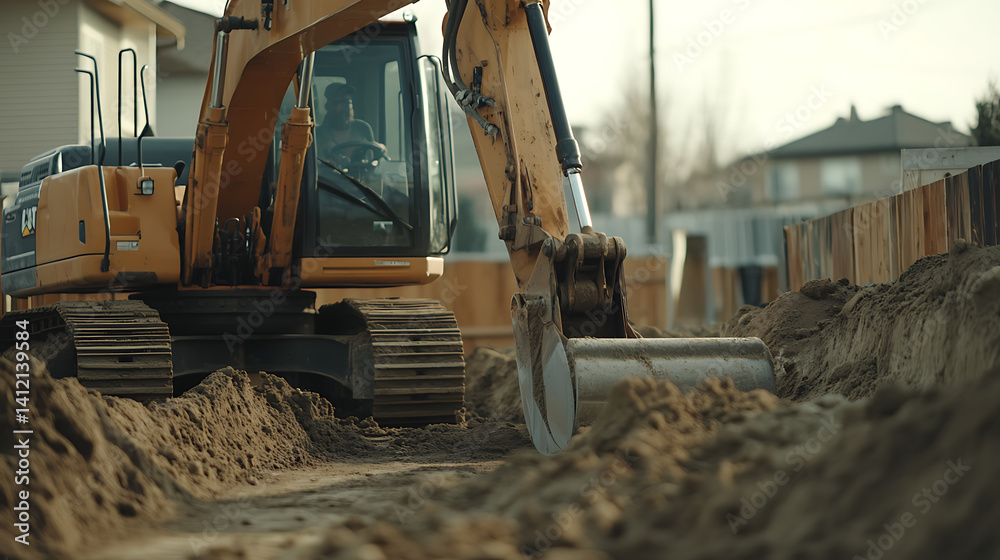 Fototapeta premium Excavator operator digging trenches for utility lines in a new neighborhood. Featuring trench excavation