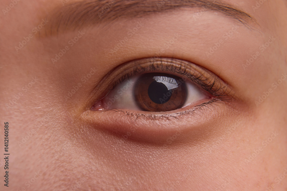 Close-up of beautiful female brown eyes with natural lashes, eyebrows and spotless, clear skin texture. Vision, health care, beauty treatment, natural beauty concept. Young Asian woman