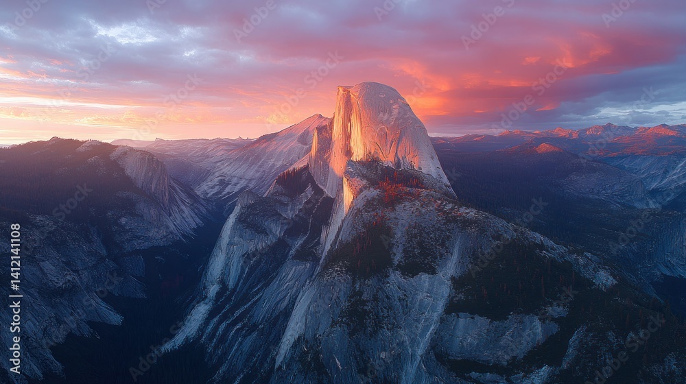 Fototapeta premium Majestic mountain peak bathed in vibrant sunset hues. A breathtaking panorama of granite peaks and valleys