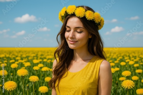 Young Woman Enjoys a Sunny Day in a Vibrant Field of Yellow Dandelions While ...