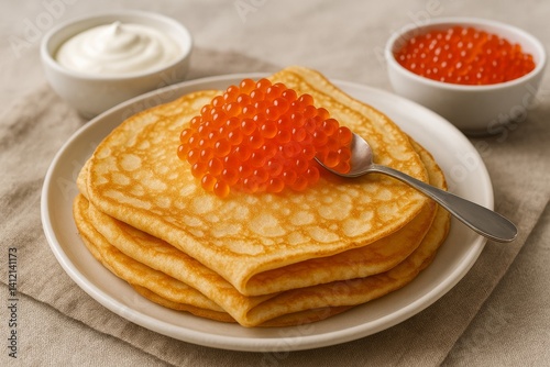 Delicious Crepes Served With Bright Orange Caviar and Sour Cream on a Neutral...