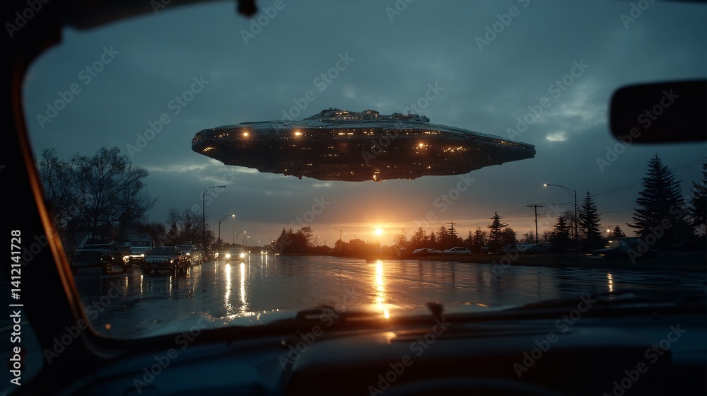 Futuristic UFO Hovering Over Cityscape at Dusk with Dramatic Sky Futuristic UFO Hovering Over Cityscape at Dusk with Dramatic Sky