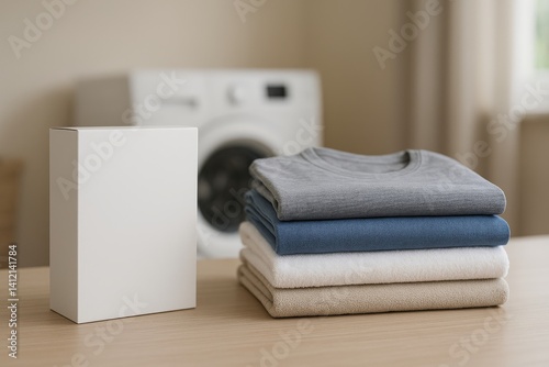 Freshly Laundered Clothes Stacked Neatly in a Laundry Room With Washing Machi...