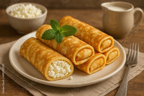 Delicious Rolled Pancakes Filled With Cottage Cheese and Garnished With Mint