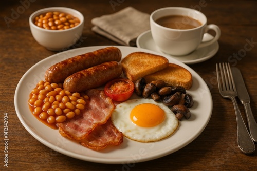 Traditional Breakfast Featuring Sausages, Beans, Mushrooms, and Egg Served on...