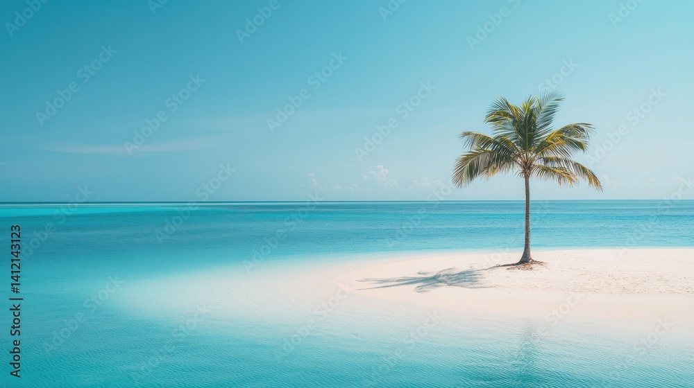 Single palm tree swaying on sandy island in serene turquoise sea Single palm tree swaying on sandy island in serene turquoise sea