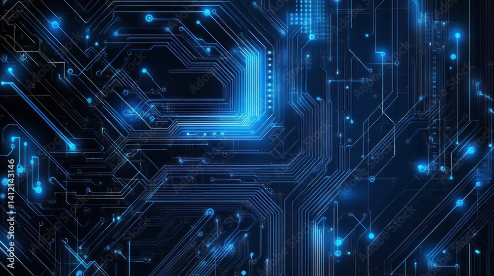 Blue vector background with digital technology and circuit board elements for tech illustration or web banner design