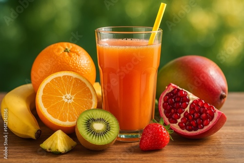 Refreshing Fruit Smoothie With Assorted Tropical Fruits on Wooden Table