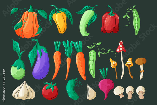 Wallpaper Mural Colorful vector set of cartoon vegetables and mushrooms on dark background. Perfect for food illustrations, stickers, and healthy eating themes. Torontodigital.ca