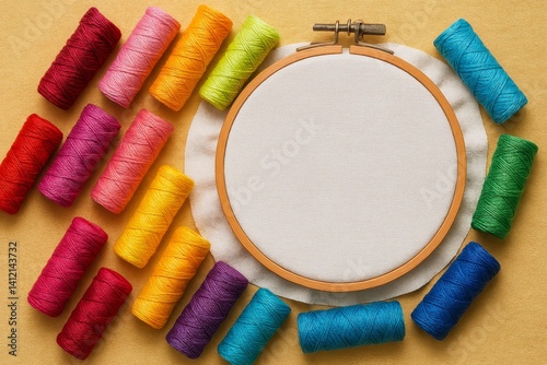 Colorful Thread Spools Arranged Around an Empty Embroidery Hoop on a Bright Y...