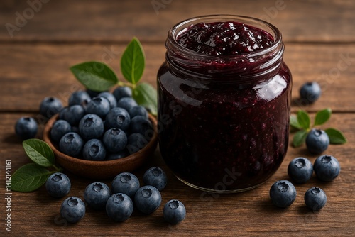 Delicious Blueberry Jam in a Jar With Fresh Blueberries Beside It on a Wooden...