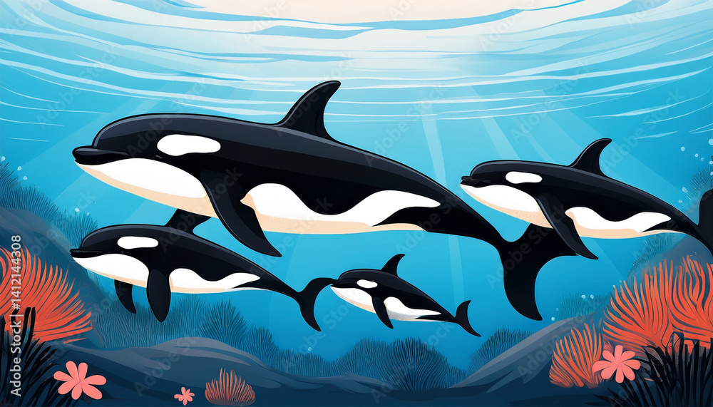 Fototapeta premium Illustration of Family with killer whales swimming in their freedom in the blue ocean waters with beautiful background scenery