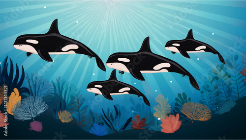 Illustration of Family with killer whales swimming in their freedom in the blue ocean waters with beautiful background scenery