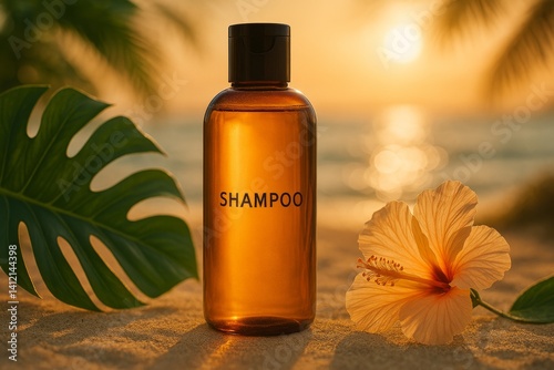 Natural Shampoo Bottle With Floral and Earthy Arrangement on Beige Background