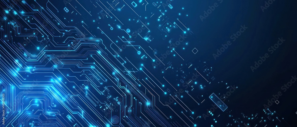 Fototapeta premium Blue vector background with digital circuit board elements and tech symbols for an advanced technology or computer graphics concept