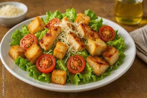 Fresh Salad With Grilled Chicken, Croutons, and Cherry Tomatoes Served on a W...