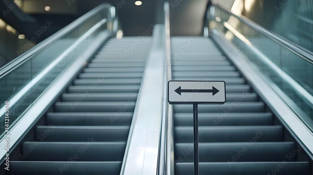 Close up view of an escalator entrance featuring a minimalist arrow sign directing movement up and down the metal and glass stairs Close up view of an escalator entrance featuring a minimalist arrow sign directing movement up and down the metal and glass stairs