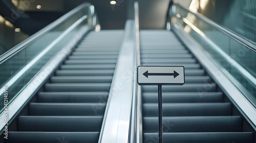 Close up view of an escalator entrance featuring a minimalist arrow sign directing movement up and down the metal and glass stairs