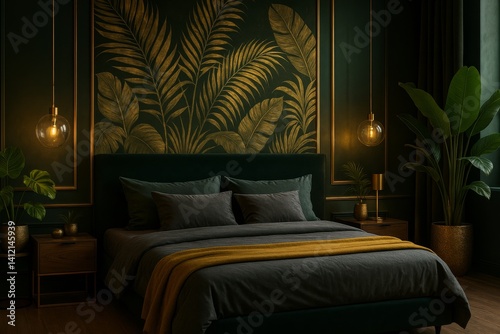 Elegant Green Bedroom Design With Tropical Leaves and Warm Lighting Creating ...