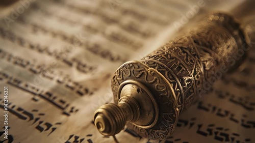 Traditional brass mezuzah resting on ancient Hebrew text, symbolizing cultural heritage and religious devotion