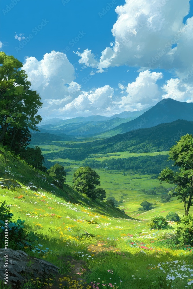 Naklejka premium A beautiful valley with trees and flowers