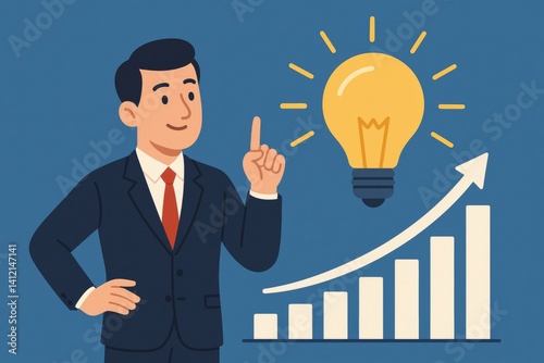 Businessman Illustrating Idea Generation and Growth With Chart Representation...