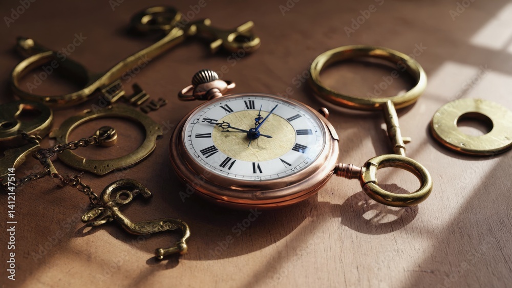 Assorted timepieces, including a clock and multiple gold watches and chains, arranged neatly on a wooden table. These items suggest elegance and luxury. Assorted timepieces, including a clock and multiple gold watches and chains, arranged neatly on a wooden table. These items suggest elegance and luxury.