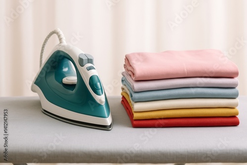 Steam Iron Ready for Use Next to Neatly Folded Colorful Clothes on Ironing Board