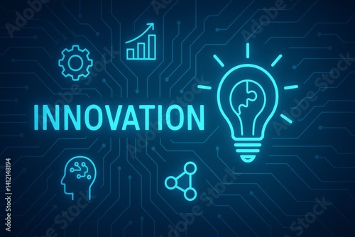 Bright Light Bulb Symbolizing Innovation in High Tech Industry on Digital Cir...