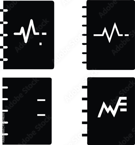 Medical notebooks, heartbeat monitor icons, health journal covers, minimalist medical design, black and white contrast, EKG line graphics, hospital record books, doctor's notepad collection, vital sig