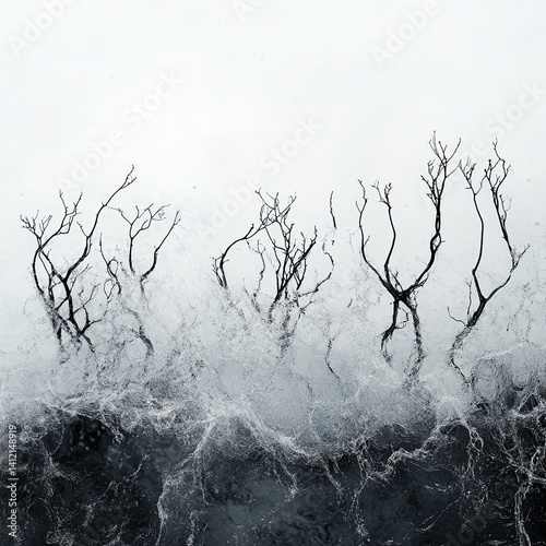 Minimalist Artistic Representation of Bare Trees Reflected in Water