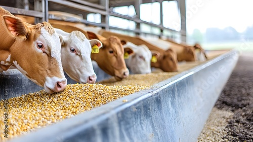 Close up view of cattle and cows in a farm or barn environment being fed a corn based animal feed from a trough or manger