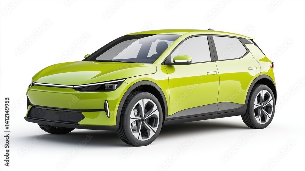 Fototapeta premium A compact brigth green electric car mockup with a modern and clean design, viewed at a front-side angle.
