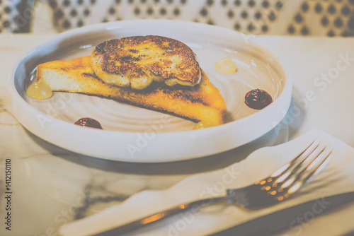 Pan Fried Foie Gras with french duck liver serve with brioche toast, beetroot and apple sauce.
