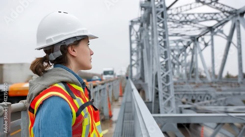 Wallpaper Mural Engineer Inspecting Bridge: A female engineer, wearing a white hardhat and safety vest, thoughtfully observes a large steel bridge under construction. Torontodigital.ca