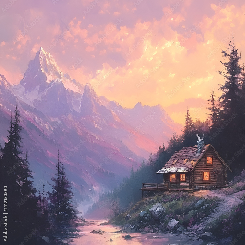 Fototapeta premium Serene mountain cabin amidst majestic peaks tranquil landscape digital art sunset view nature's beauty