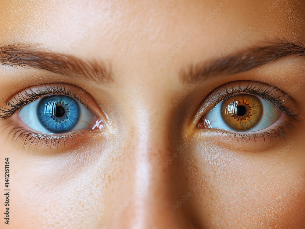 Fototapeta premium close up of woman face showcasing heterochromia, with one eye blue and other brown. striking contrast highlights her unique features and captivating gaze