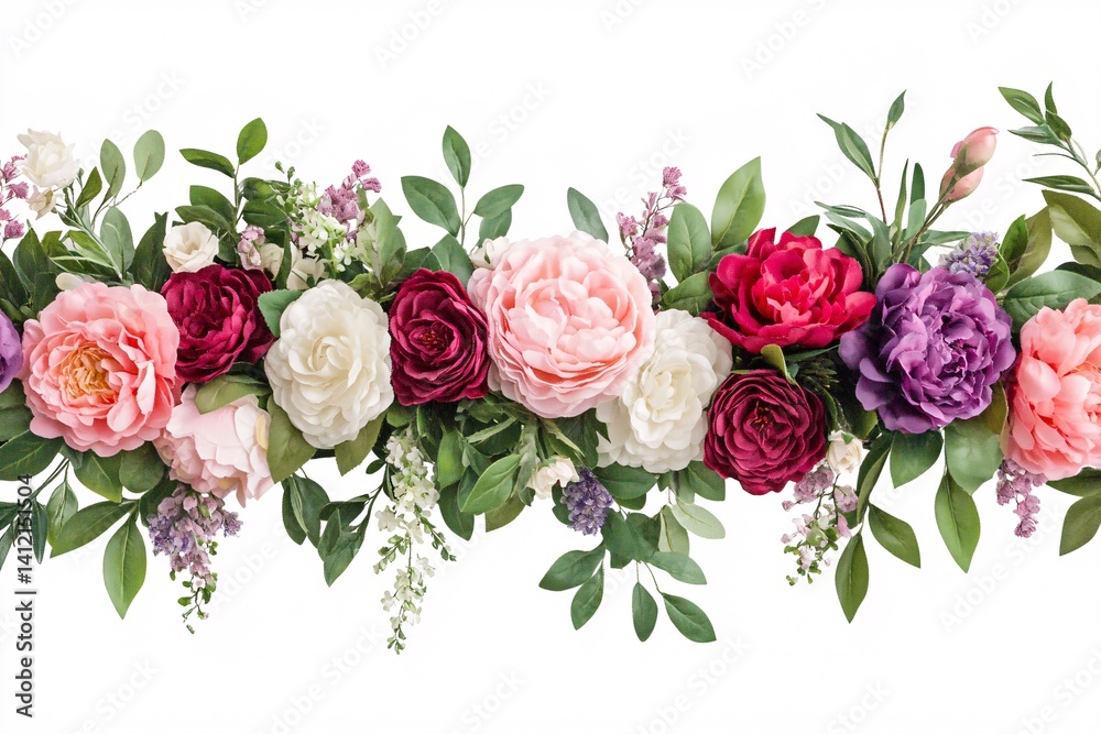 Naklejka premium Beautiful floral garland with pinks, reds, and purples.