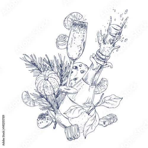 Christmas collection with levitation tangerines, sweets, spices, champagne and plants. Graphic illustration hand drawn in black ink. Composition, arrangement, sublimation EPS vector.