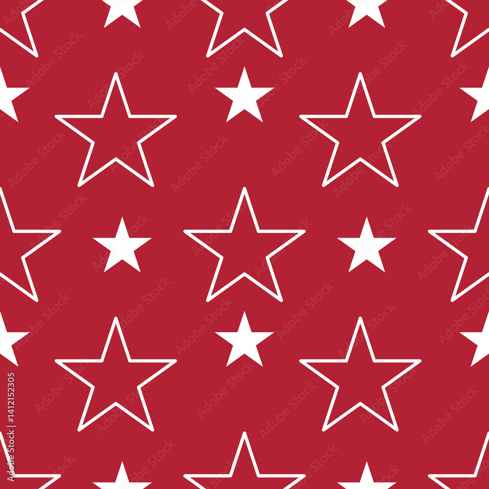 A seamless vector pattern featuring white stars on a red background. The stars vary in size and are outlined, creating a playful and festive design suitable for various applications. A seamless vector pattern featuring white stars on a red background. The stars vary in size and are outlined, creating a playful and festive design suitable for various applications.